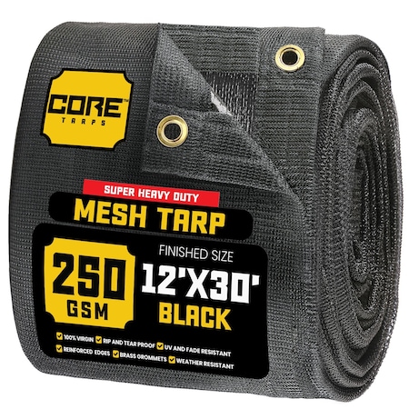 Core Tarps Mesh Tarp, 12X30 ft, Black, Polyethylene CT-801-12X30